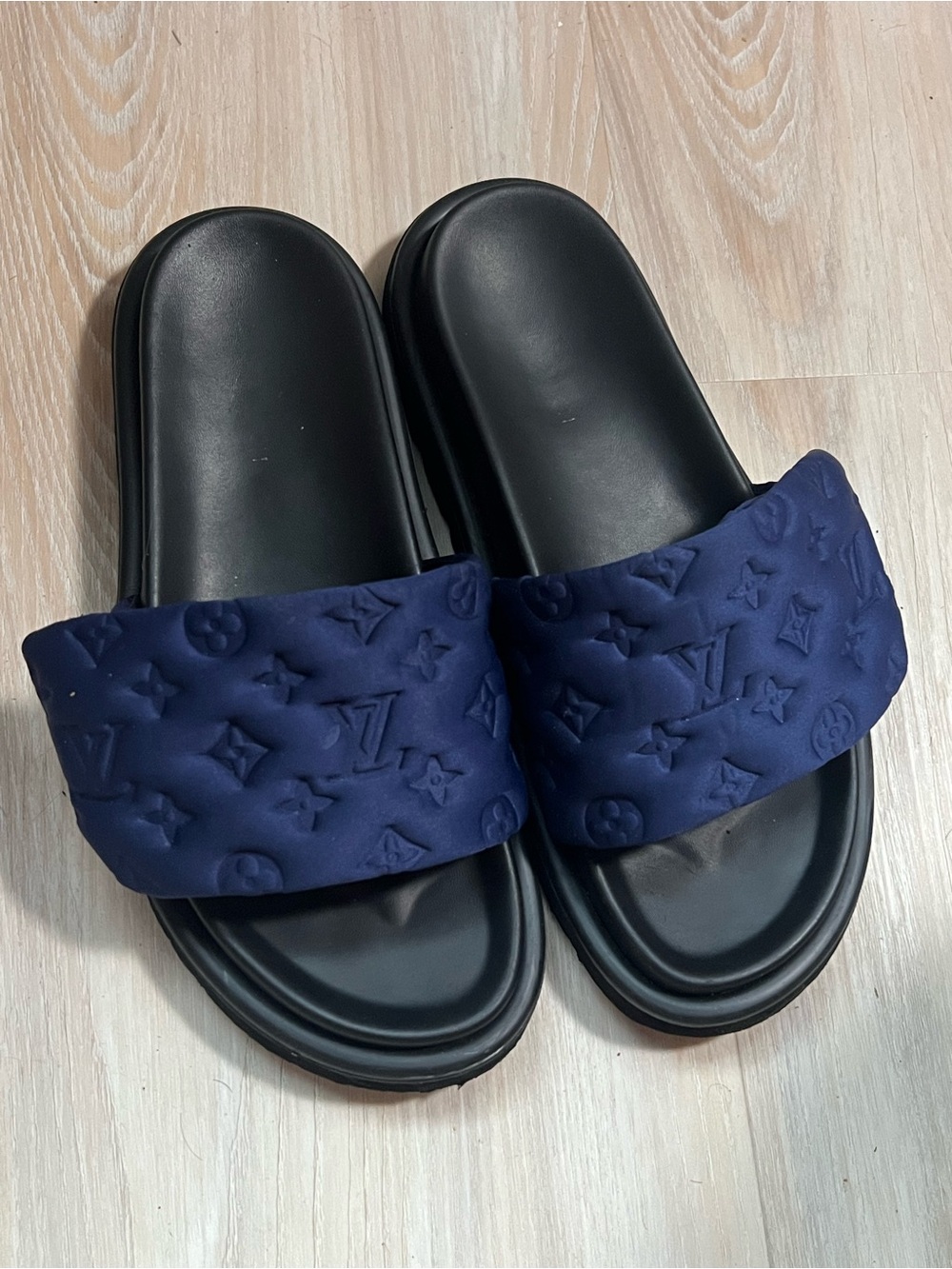 Louis Vuitton Navy Embossed Monogram Slide Sandals